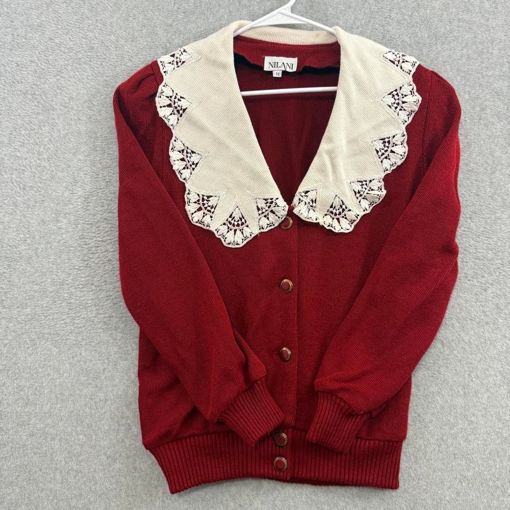 Nilani Women's Red Cardigan Sweater White Lace Collar Size M